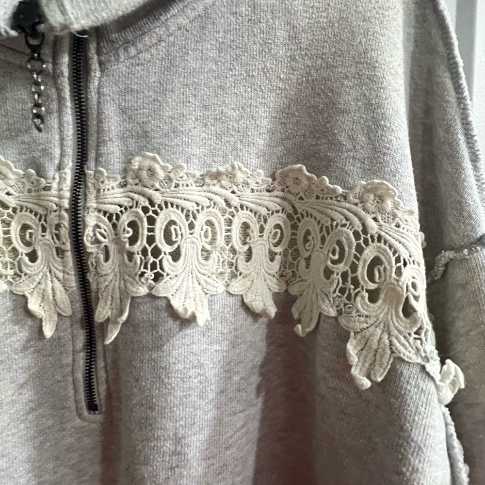 Free People Gray Lace Half Zip Oversized Sweatshirt Boho Pullover - Picture 3 of 5